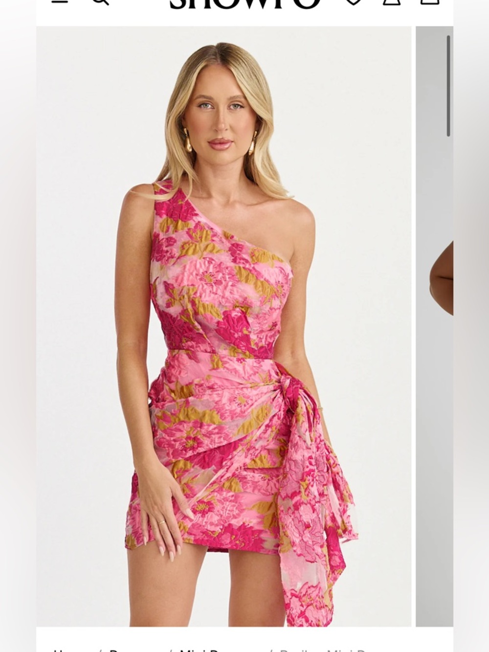 Showpo One-Shoulder Pink & Gold Floral Brailey Mini Dress Size 4